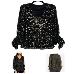 1.State Womens Blouse Size Small Black Gold Foil Dots Long Balloon Sleeves